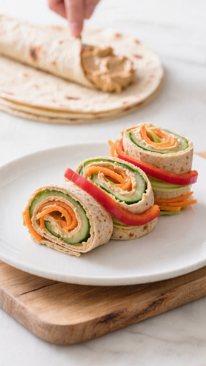 Straight-on, tightly framed scene of rainbow veggie hummus roll-ups sliced into pinwheels and stacked neatly: whole-wheat tortillas swirled with creamy hummus, vivid layers of shredded carrot orange, thin cucumber green, and red bell pepper strips; one unrolled tortilla in the background being spread with hummus to hint at assembly; clean white plate on a wooden board, bright, fresh light, emphasis on crunch and color contrast, professional styling, no hands.