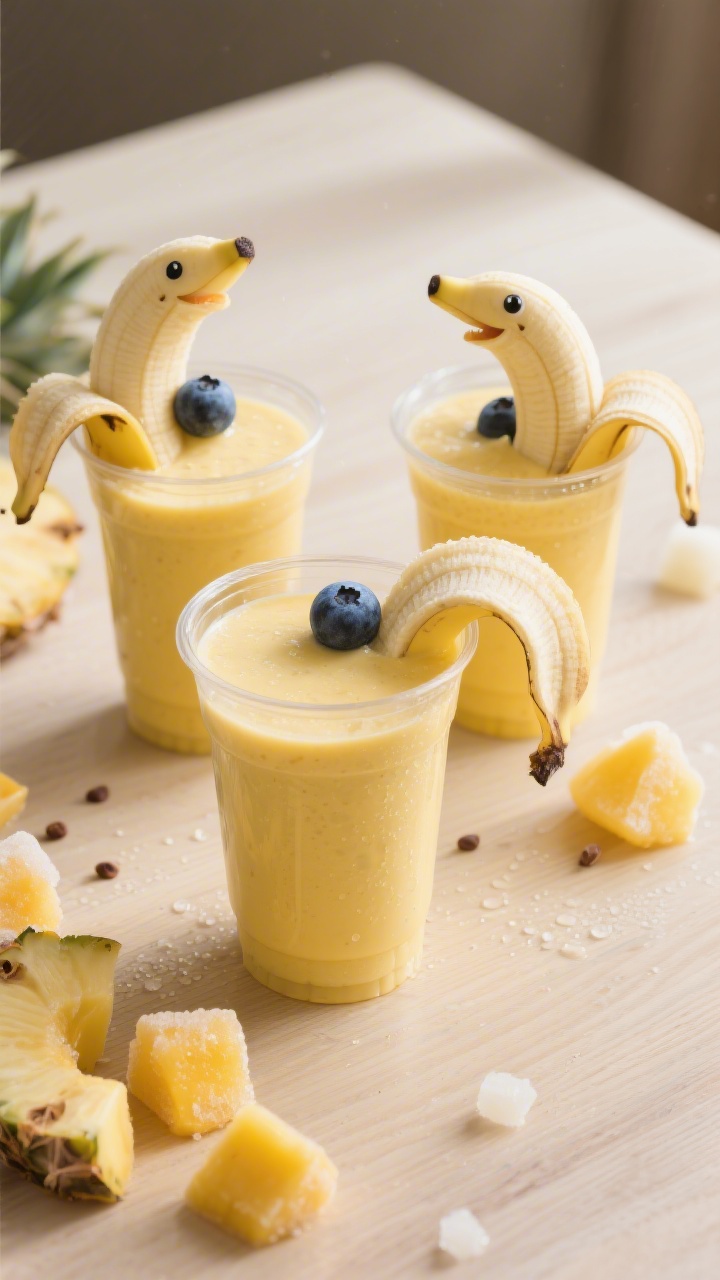 Three clear smoothie cups at a 45-degree angle on a light wooden table, filled with a creamy yellow smoothie made from bananas, frozen pineapple, frozen mango, milk, and yogurt; perched on the rim of two cups are “banana dolphins” made from whole bananas with the peel-on top slit forming open mouths holding a blueberry “ball,” dotted chocolate chip or clove-like eyes optional; scattered frozen pineapple and mango chunks in the background, light condensation on cups, bright tropical vibe, shallow depth of field, professional studio lighting, no people.
