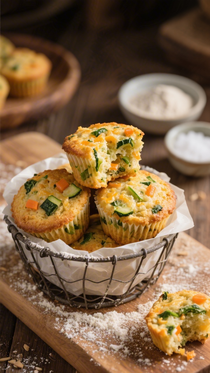 Three-quarter 45-degree angle shot of freshly baked cheesy veggie mini muffins piled in a small wire basket with parchment, golden tops showing flecks of finely grated zucchini, chopped spinach, and carrot; a dusting of whole-wheat flour on the wooden board, tiny bowls with baking powder and salt in background; one muffin torn open to reveal moist, cheesy crumb and visible green-orange specks; warm directional light, cozy home-baked mood.