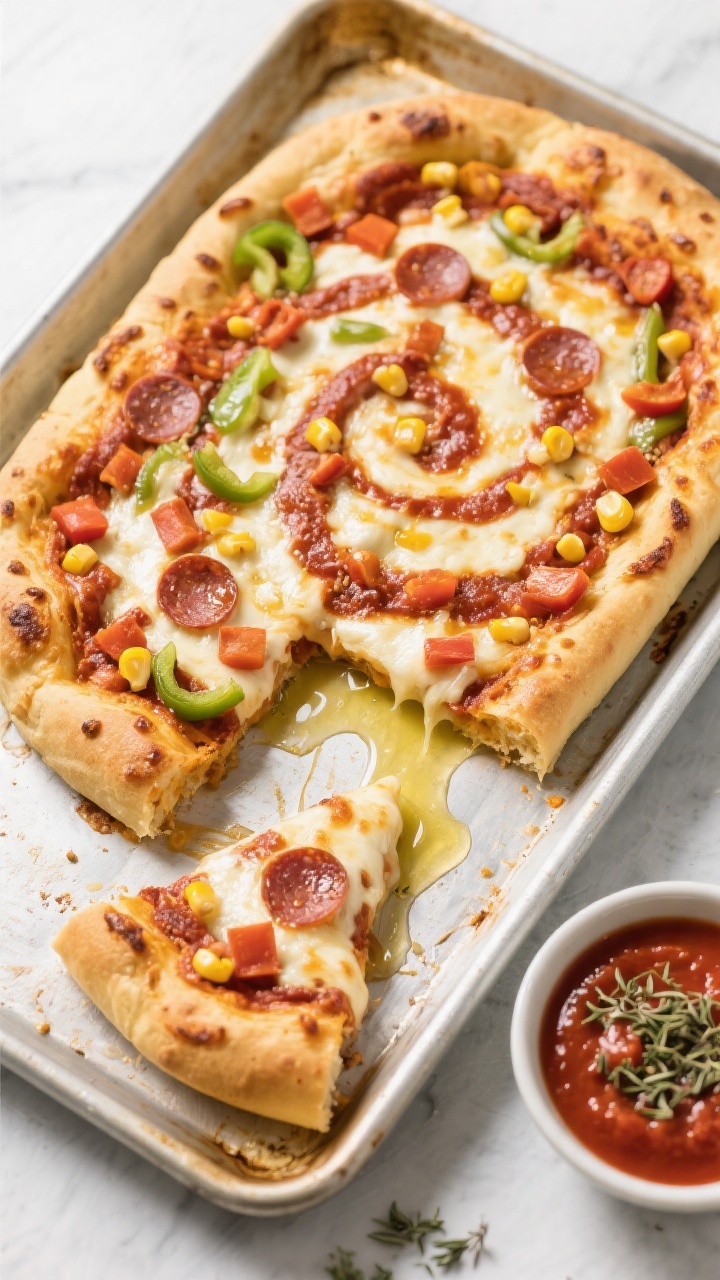 Three-quarter 45-degree angle shot of Sheet-Pan Pizza Bread on a rimmed baking sheet: golden, olive-oil-brushed pizza dough topped with a rustic swirl of pizza sauce, melted mozzarella with browned bubbles, and kid-friendly toppings arranged like patterns—mini pepperoni, diced bell peppers, and sweet corn; a drizzle of olive oil pooling at the corners, a bowl of extra marinara and a sprinkle of dried oregano nearby; inviting, cheesy stretch captured mid-slice for irresistible appeal.