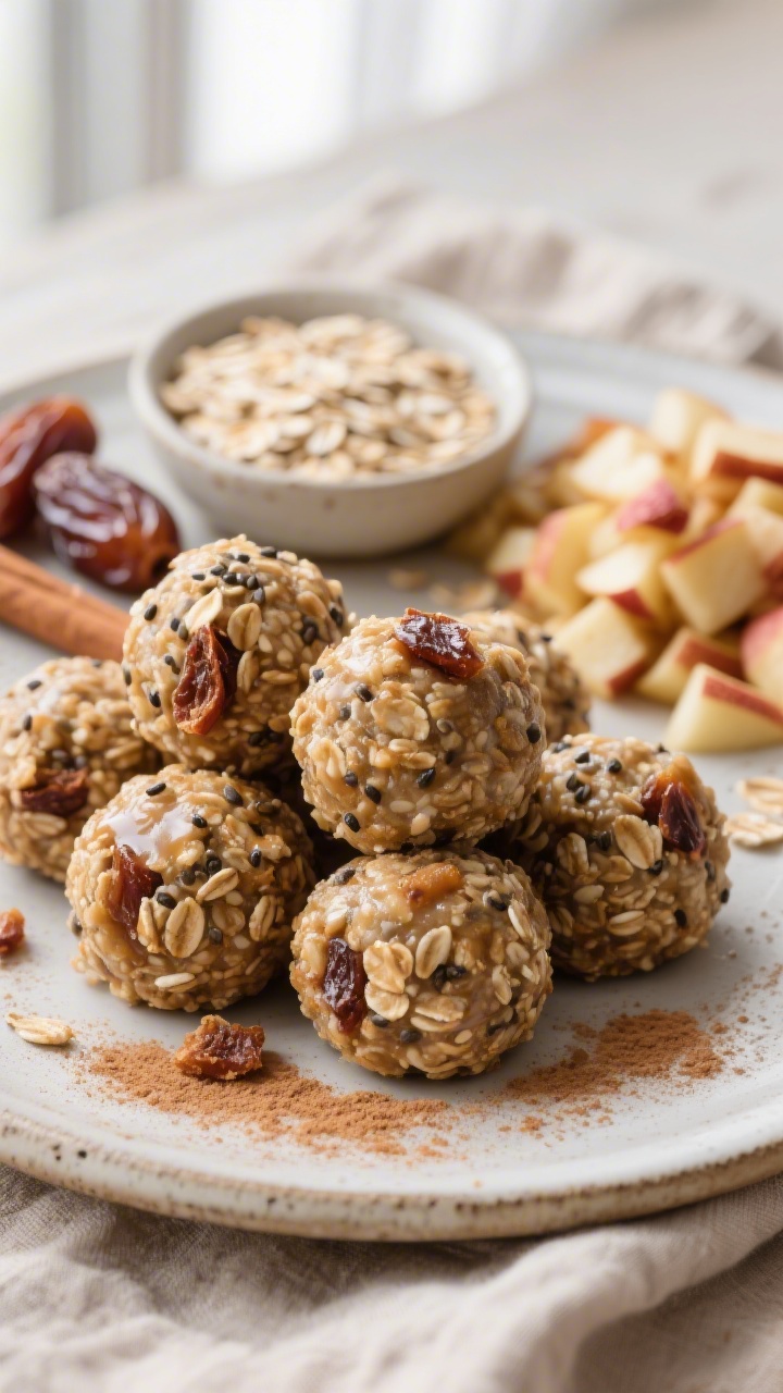 Tight close-up of No-Bake Apple Pie Energy Balls: a rustic plate piled with round, oatmeal-speckled bites studded with tiny dried apple pieces and chia seeds, the sticky sheen from soft Medjool dates visible. A dusting of warm cinnamon on the plate, a small bowl of rolled oats, halved dates, and a mound of finely diced dried apple off to the side slightly out of focus. Cozy, snackable look with neutral linens, soft window light, and emphasis on chewy, nubby texture.