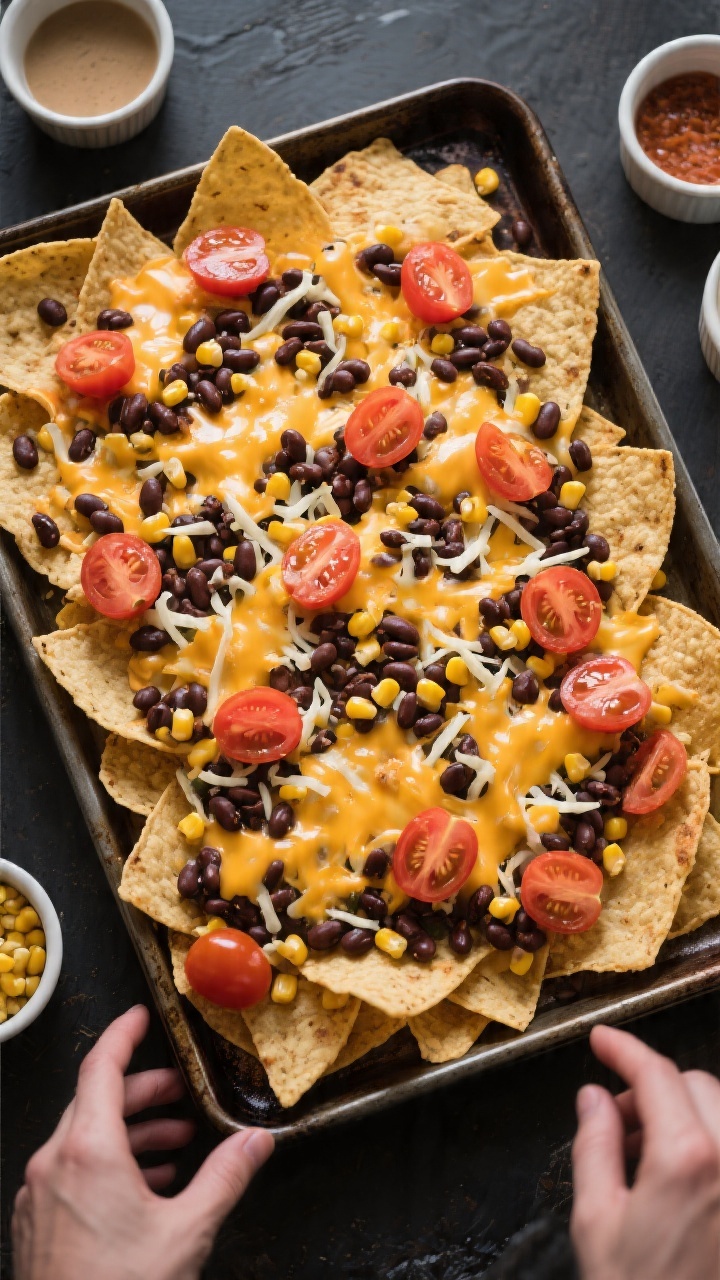 Wide overhead flat lay of a sheet pan nacho night: a generous layer of tortilla chips topped with black beans, shredded Monterey Jack/cheddar, quartered cherry tomatoes, and scattered corn kernels; cheese just melted and bubbly with slight browning; garnished sheet pan centered on a dark metal baking tray for contrast, with small ramekins of optional toppings at the edges (empty or blurred to keep focus on listed ingredients); crisp chips, glossy beans, juicy tomatoes—casual, shareable vibe, no hands in frame.