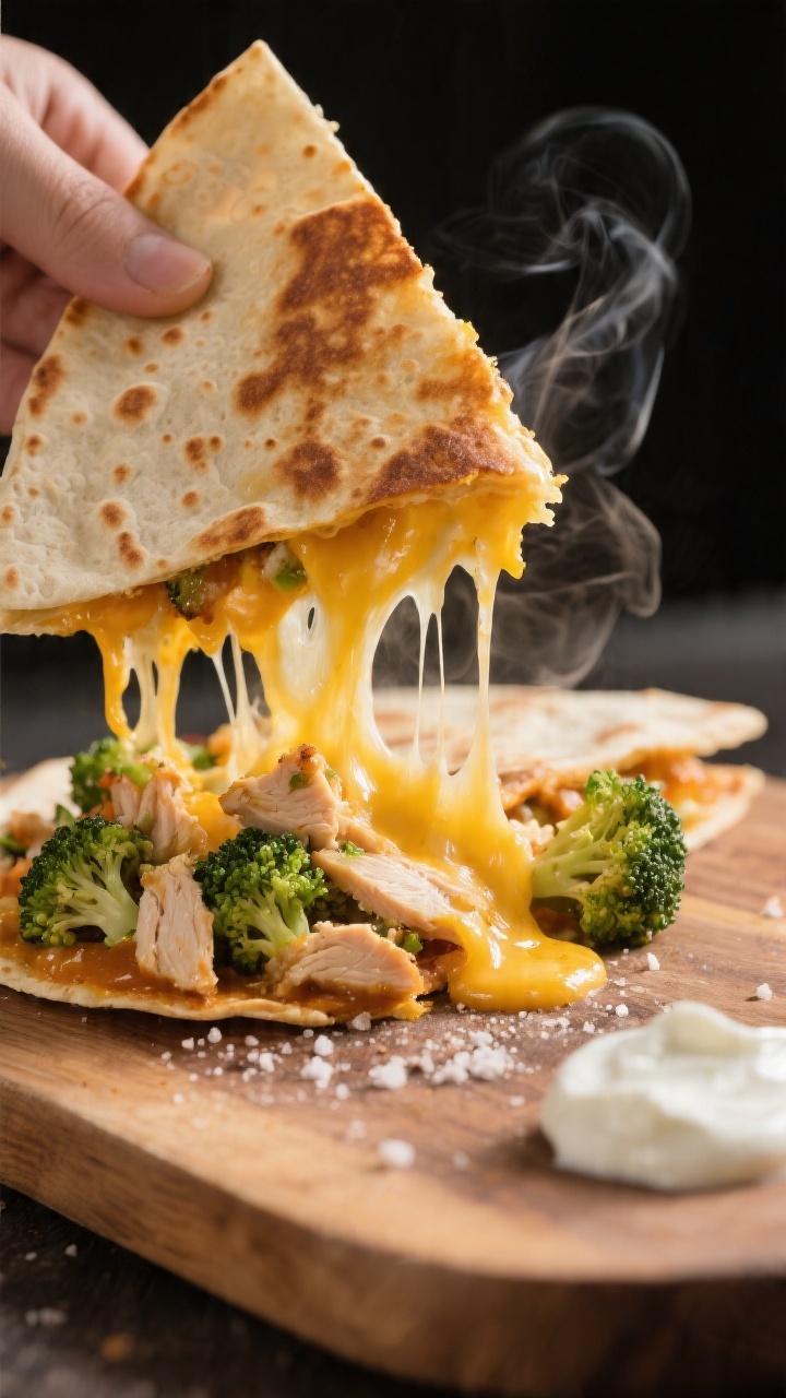 Close-up detail – extra melty interior: Extreme close-up of a just-cut quesadilla wedge on a woode