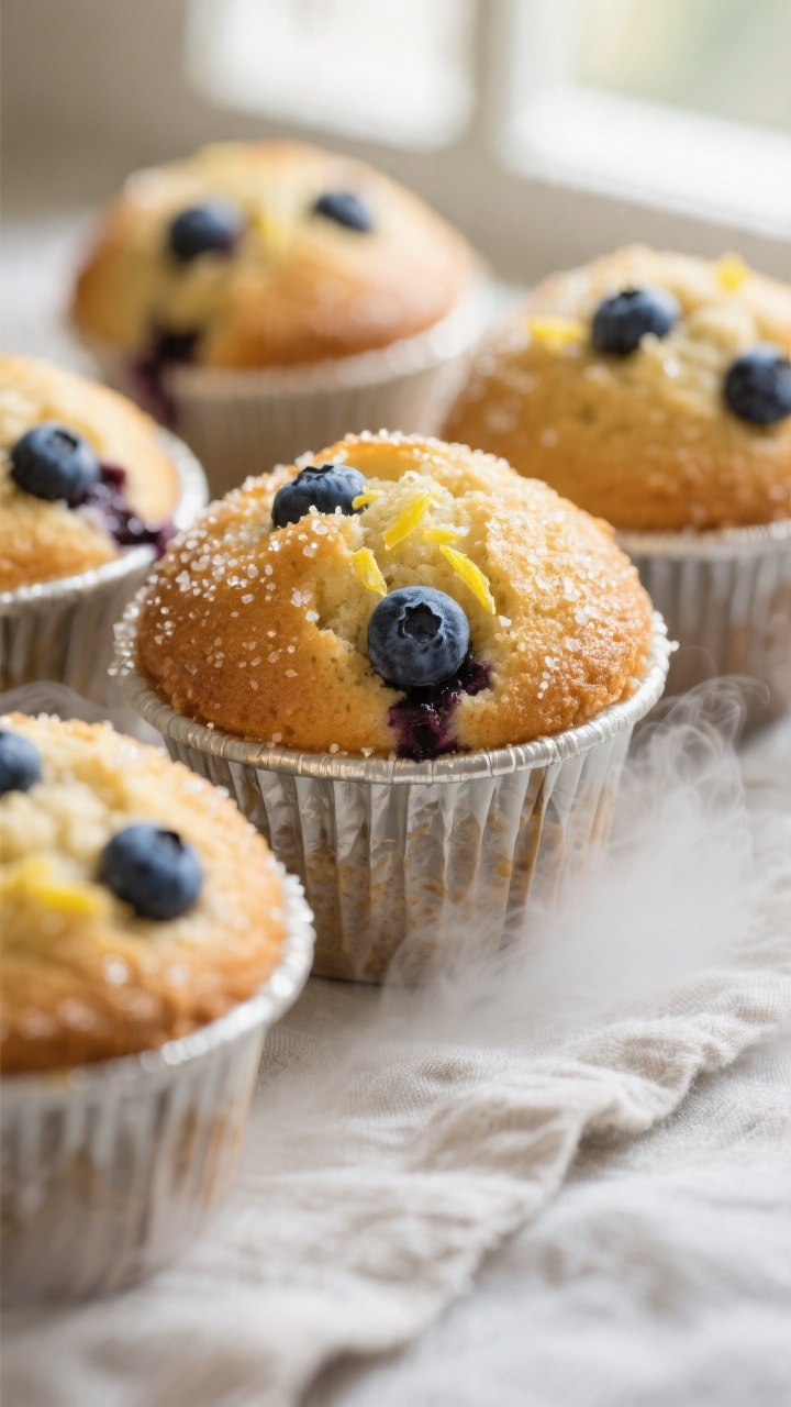 Close-up detail: Freshly baked blueberry-lemon muffins just out of the tin, golden domed tops with s