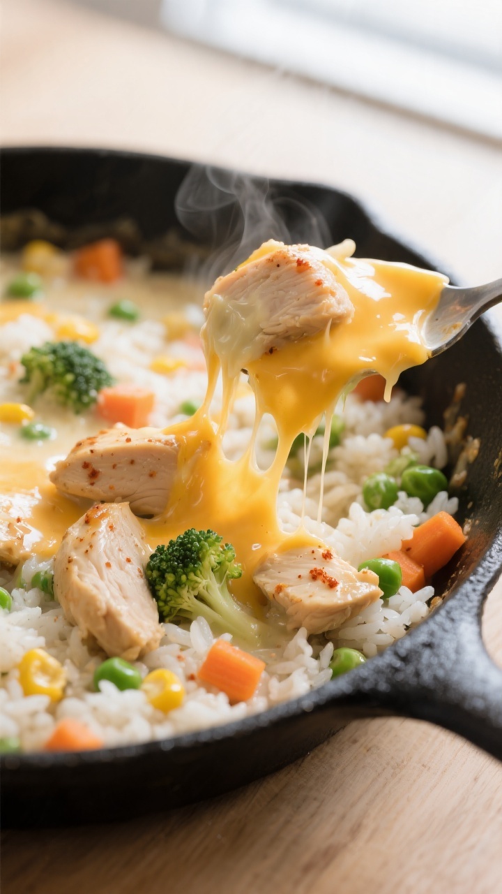 Close-up detail: Melted cheddar and mozzarella being gently folded off-heat into a creamy chicken ve