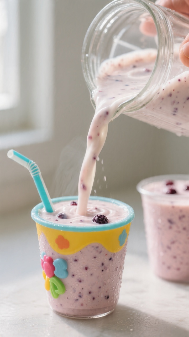 Close-up detail: Thick, creamy kids’ smoothie being poured from a glass blender jar into a small, 