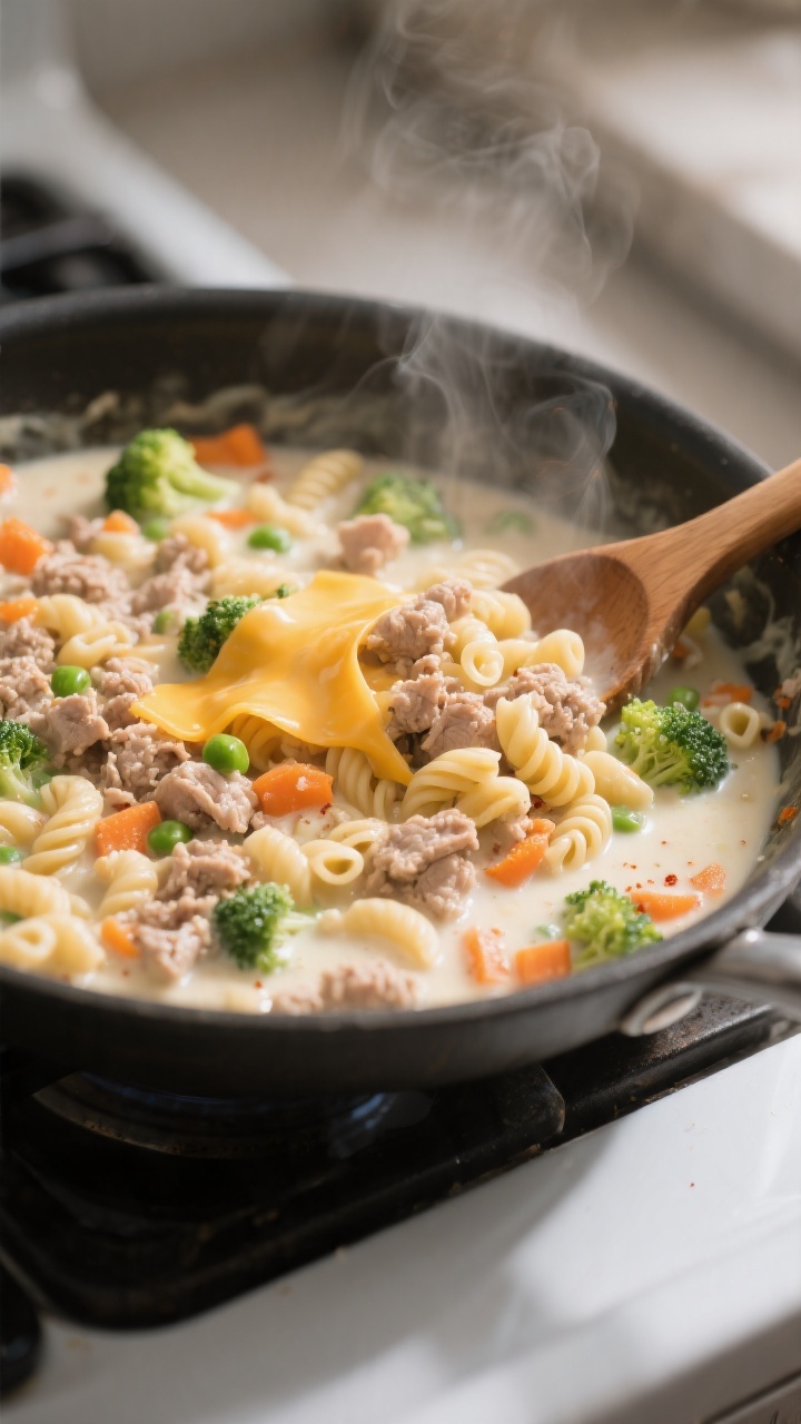 Cooking process, close-up detail: Creamy turkey-veggie pasta simmering in a wide skillet, small dita