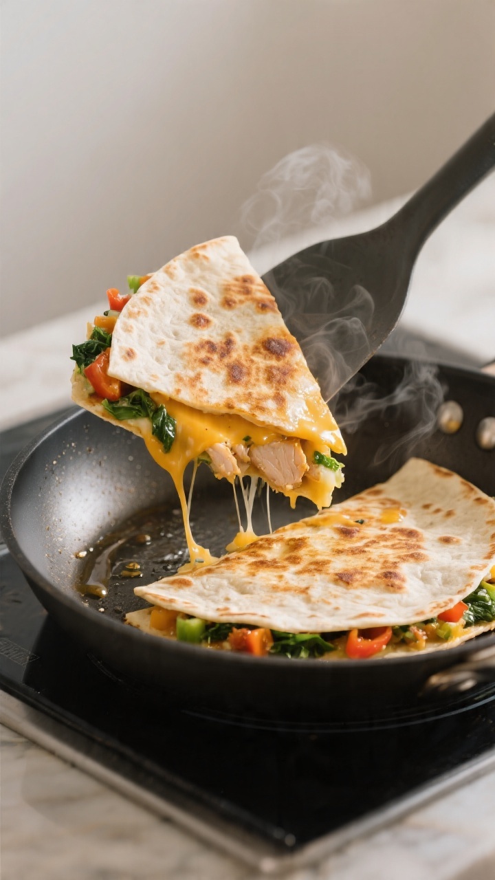 Cooking process – golden flip moment: A cheesy chicken veggie quesadilla in a nonstick skillet ove