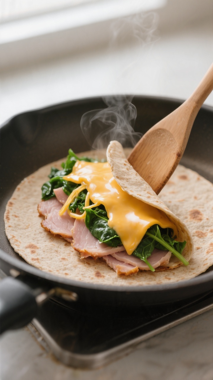 Cooking process – melting and rolling: Close-up of a warm whole-wheat tortilla in a small nonstick