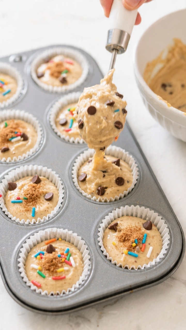 Cooking process: Overhead shot of muffin batter being portioned into a lined 12-cup tin with a cooki