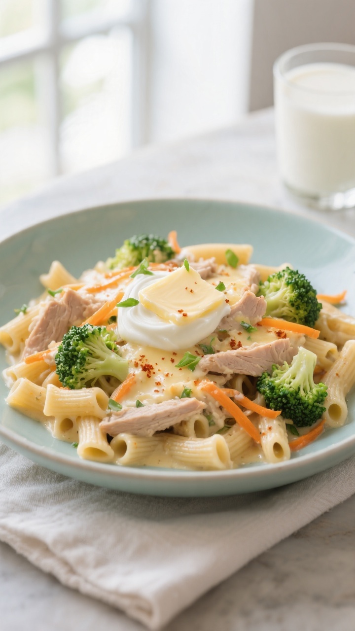Final dish, plated presentation: Beautifully plated cheesy turkey-veggie pasta in a shallow, matte p