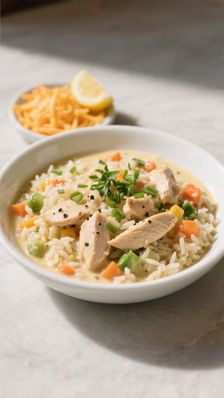 Final plated presentation: Restaurant-quality bowl of the creamy chicken and veggie rice, neatly sco