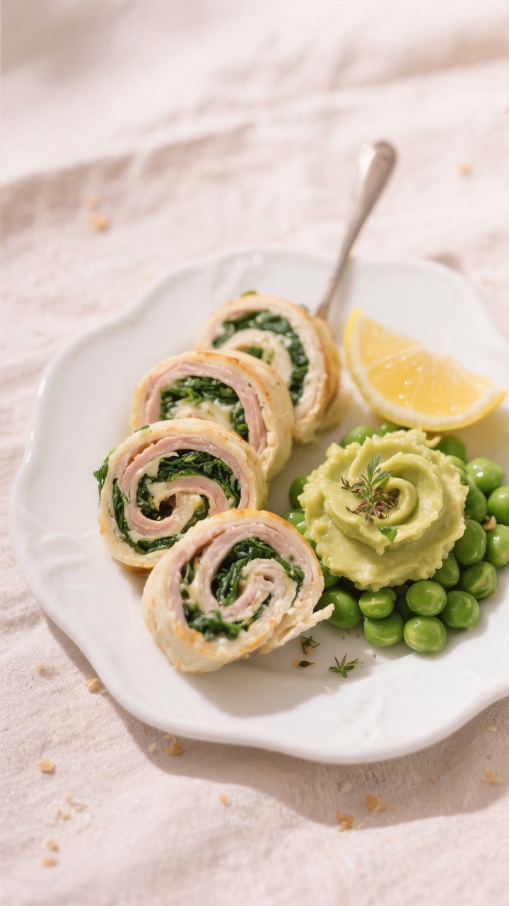 Final plated toddler pinwheels: Beautifully plated turkey–spinach–cheese pinwheels sliced into b
