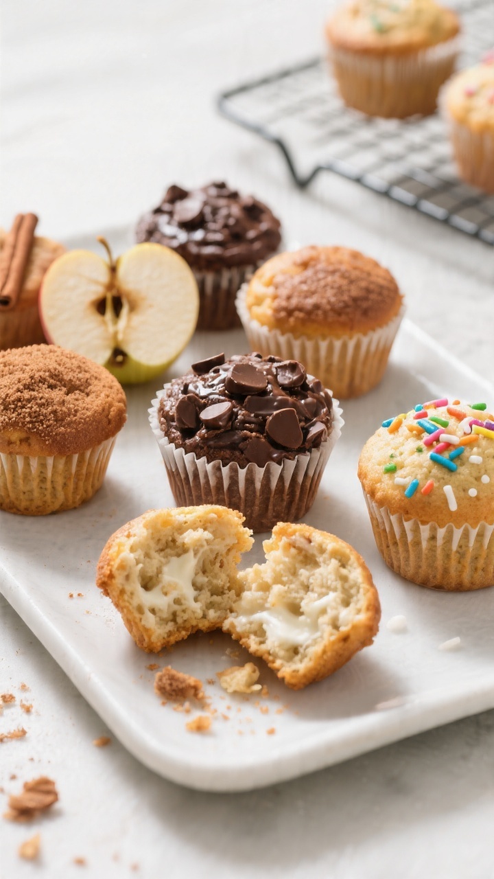 Final presentation: Beautifully plated assortment of muffins—apple-cinnamon with a cinnamon-sugar