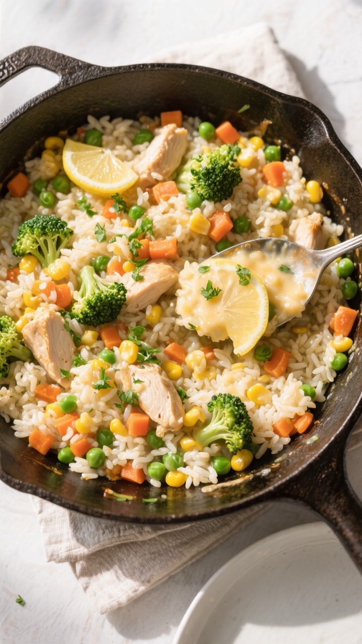 Tasty top view (final dish): Overhead shot of the Cheesy Chicken Veggie Rice Skillet served family-s