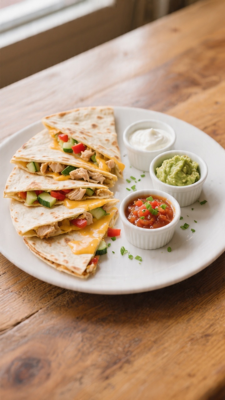 Tasty top view – kid-friendly dip trio: Overhead shot of sliced quesadilla wedges arranged in a ne