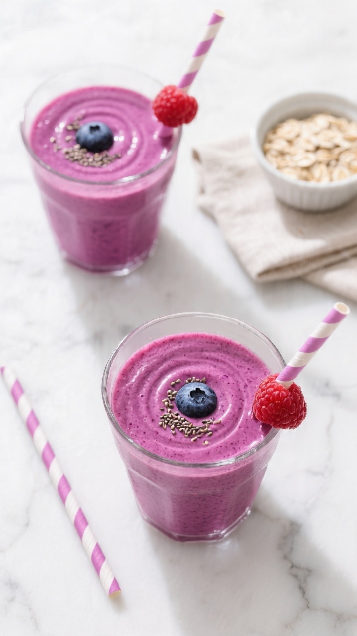 Tasty top view: Overhead shot of two finished smoothies in short, clear tumblers, vibrant magenta-pu