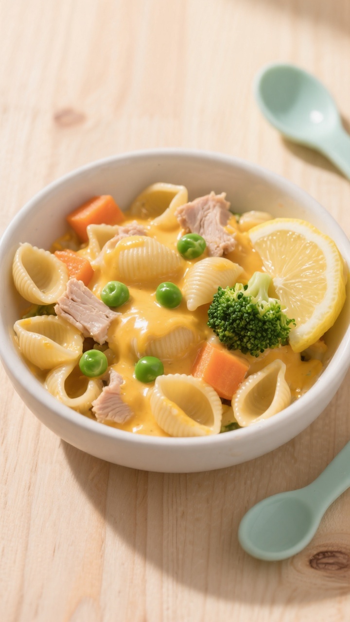 Tasty top view, overhead shot: Overhead shot of a warm bowl of cheesy turkey-veggie pasta with mini 