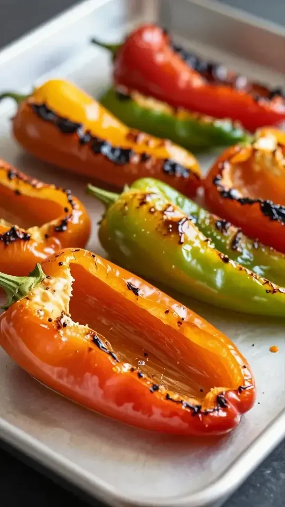 closeup of roasted rainbow peppers on sheet pan, crisp edges