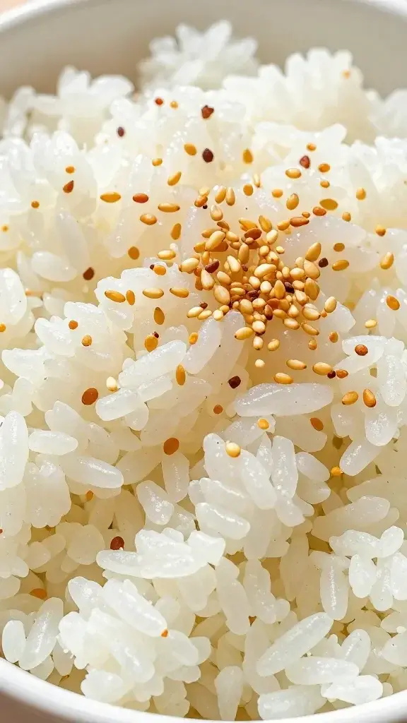 closeup of fluffy rice with sesame crunch in bowl