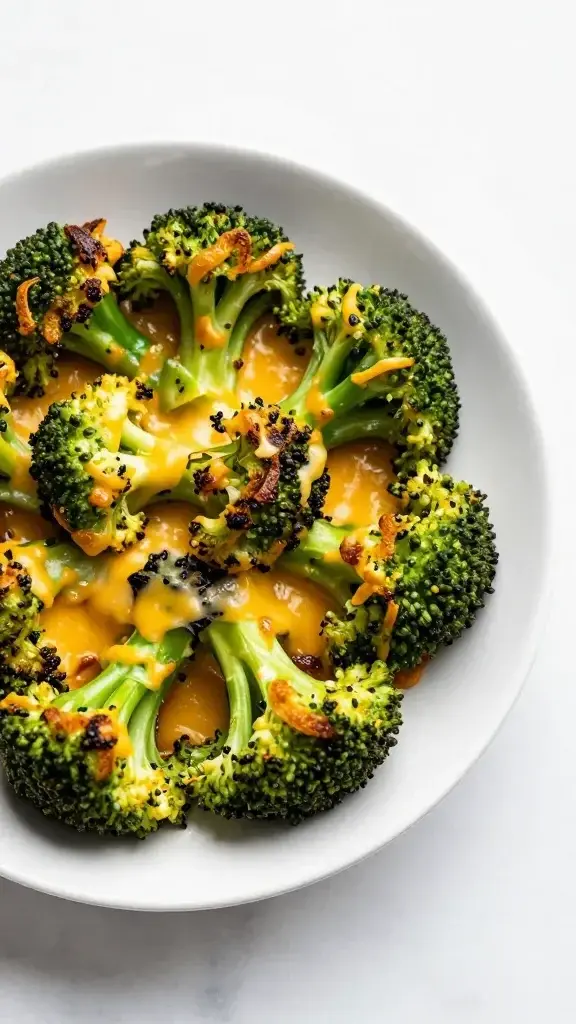 Cheesy Roasted Broccoli Bowl on white plate, golden edges with melty cheese, soft daylight, clean marble background