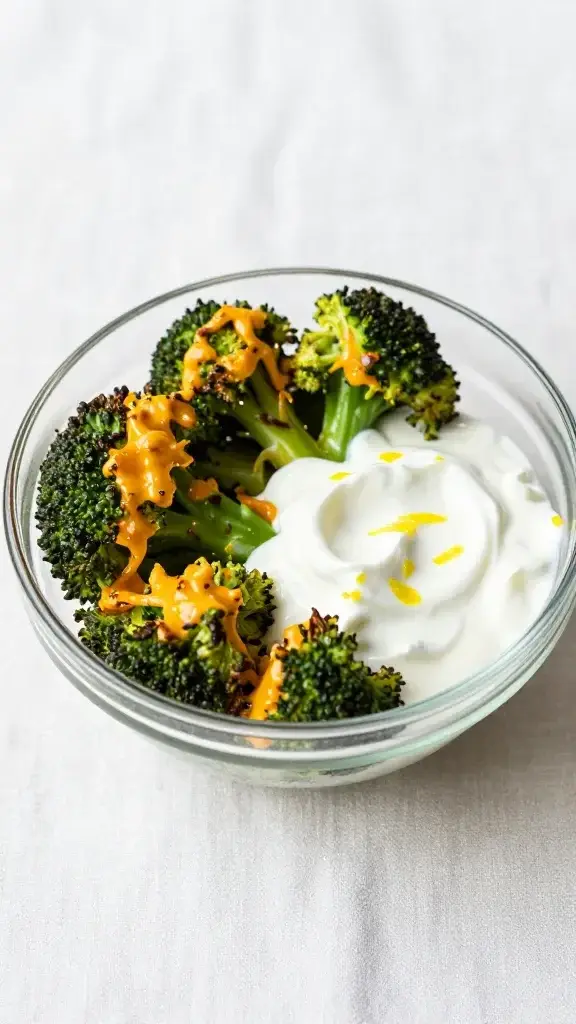 Cheesy Roasted Broccoli Bowl in glass bowl, creamy yogurt sauce and lemon zest drizzle, soft daylight, white linen backdrop