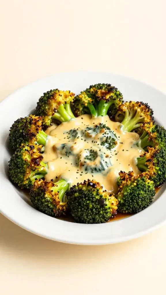 Cheesy Roasted Broccoli Bowl on white plate, caramelized florets and creamy texture, soft daylight, minimal cream backdrop