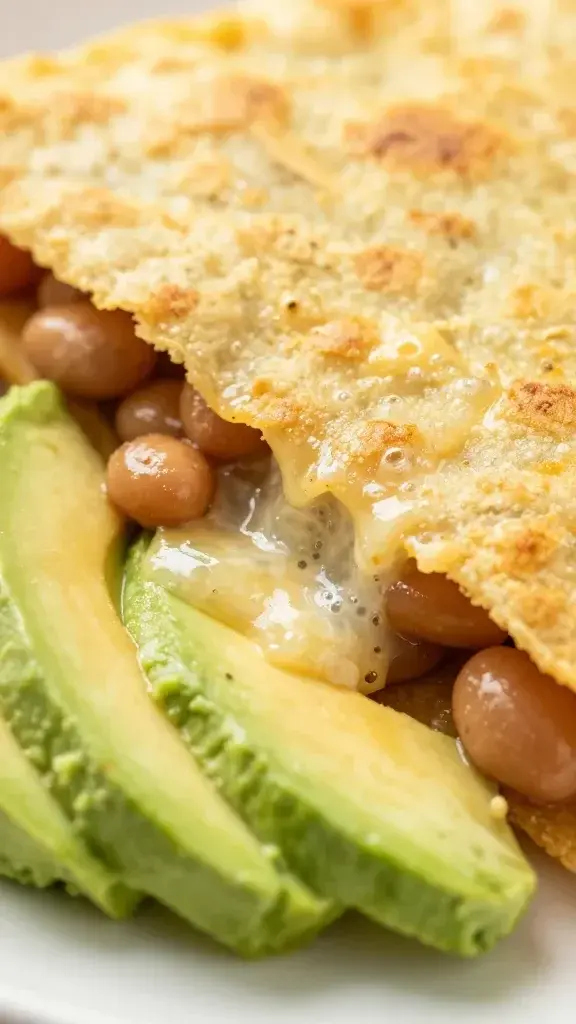 Close-up detail: Golden, lightly crisp tostada with melted cheese bubbling around a bean layer, creamy avocado scoop at the edge, shallow depth of field, bright natural light.
