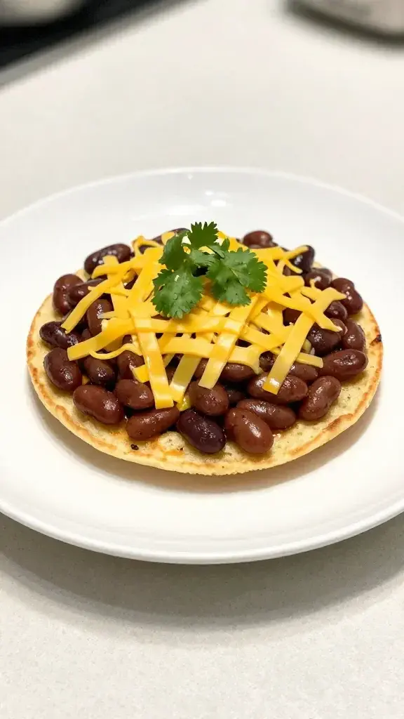 Final plated dish: Beautifully plated Bean and Cheese Breakfast Tostadas for Kids on a white plate, layered beans, sunny cheese, cilantro garnish, subtle shadow, clean kitchen backdrop.