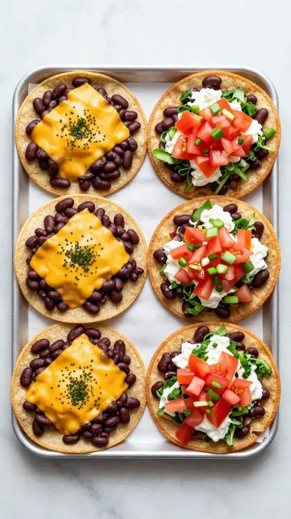 Overhead/top-view: Top-down shot of a tray of assembled tostadas with bright toppings—beans, melted cheese, diced tomatoes, chopped greens—on a marble surface, evenly lit.
