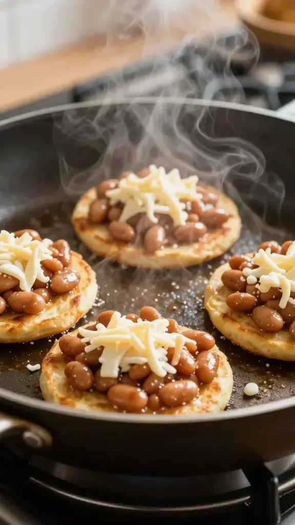 Cooking process: Tostadas being assembled in a sizzling skillet, spoon spreading beans and cheese, steam rising, warm kitchen light, golden edges forming.