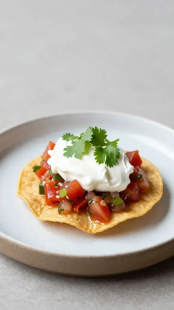 Serving moment: A tostada being plated onto a small ceramic plate, a drizzle of salsa, a dollop of yogurt or sour cream, fresh cilantro finish, soft daylight.