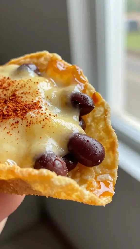 Close-up detail: Crispy tortilla edge with melted cheese highlight, beans peeking through, subtle paprika dusting, shallow focus, natural window light.