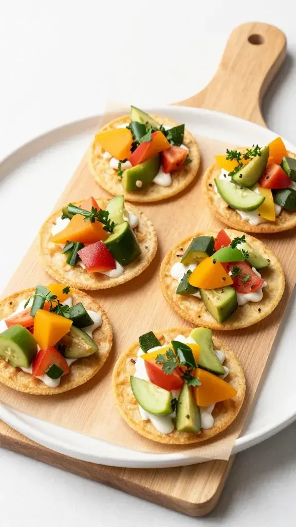 Final plated dish: Kid-friendly breakfast tostadas arranged on a wooden board, each topped with bright veggie bits, soft shadows, minimalistic white plate styling.
