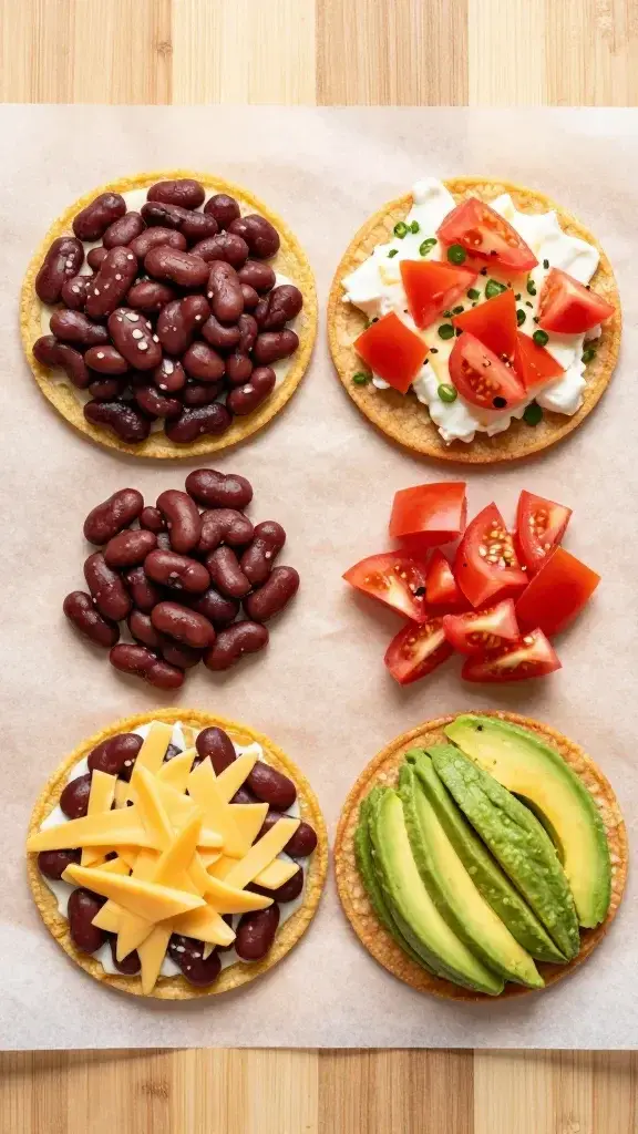 Overhead/top-view: Close-grid view of four tostadas aligned on parchment, showing distinct toppings: beans, cheese, diced tomatoes, avocado, on a light wood surface.