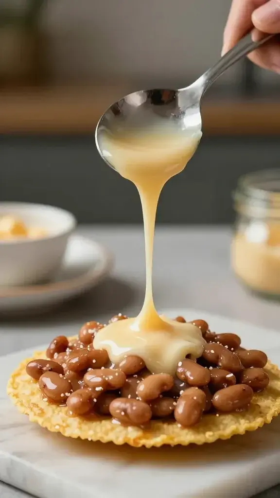 Cooking process: Spoon tilting to drizzle warm cheese over a tostada, beans peeking, glossy melted cheese strands, soft kitchen light, no hands visible except gentle motion.