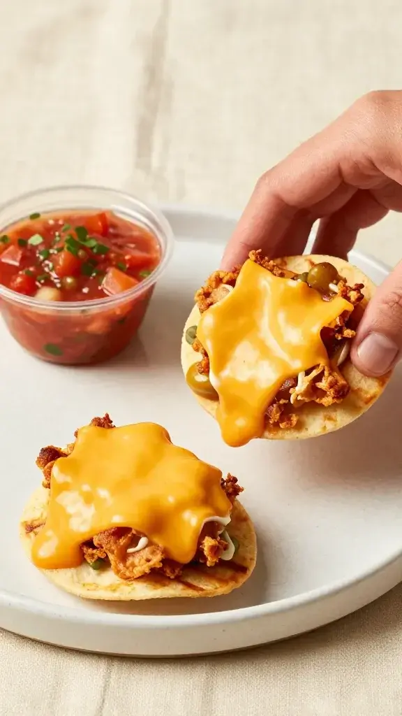 Serving moment: Individual tostada halves being served with a small cup of salsa on the side, glossy cheese, crisp edges, cream linen backdrop, inviting texture.