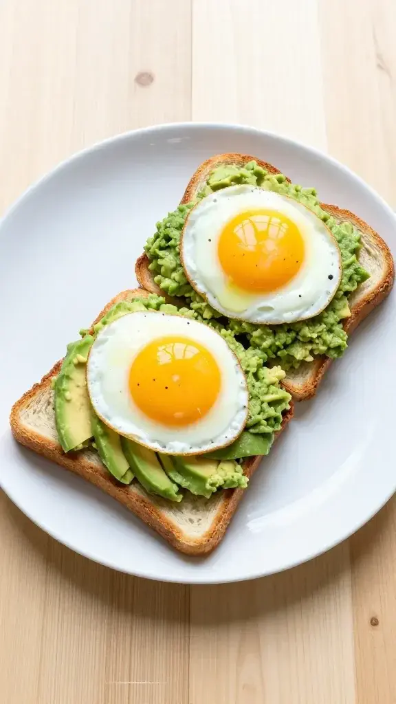 Final plated dish: Beautifully arranged Mexican Avocado Egg Toast for Kids on a white plate, sunny yolk visible through avocado mash, crisp edges, light wood background, bright natural light.