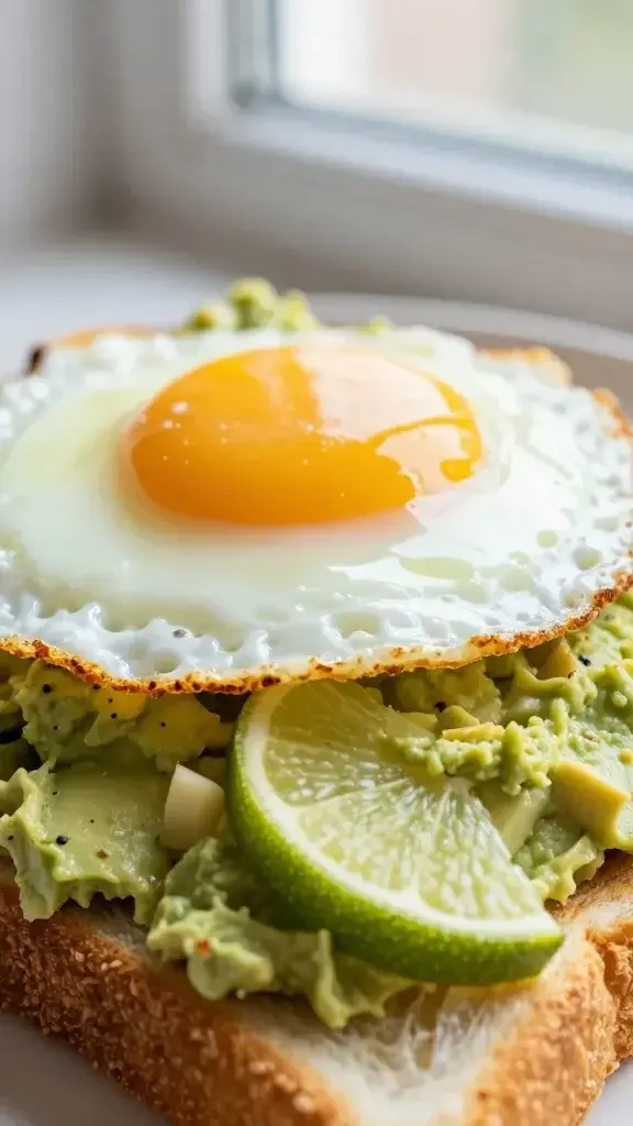 Close-up detail: Creamy avocado spread speckled with lime, topped with a sunny-side-up egg and a delicate, golden crusted toast edge, shallow depth of field, soft window light.