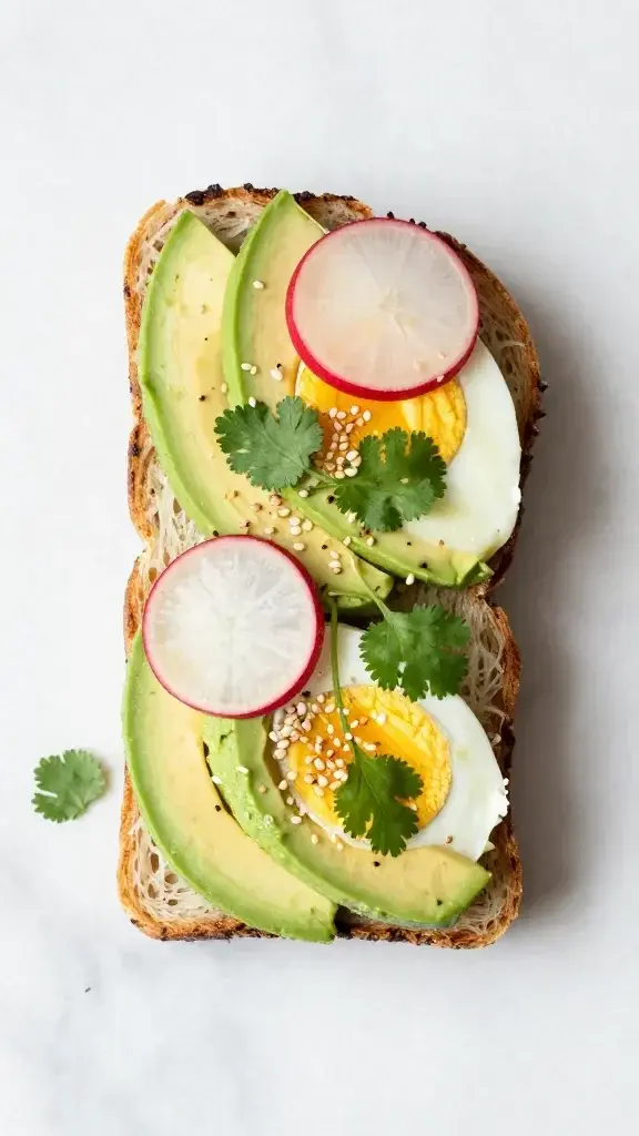 Overhead/top-down: Flat-lay of the assembled avocado egg toast on a marble surface with sliced radish, cilantro sprigs, and sesame seeds for color, clean styling, natural daylight.