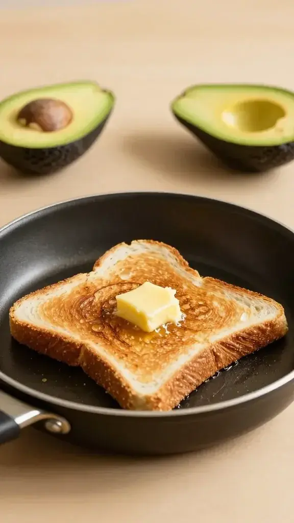 Cooking process shot: Toasting bread on a skillet with a hint of sizzling butter, avocado halves awaiting mash, warm tones, studio-like kitchen light, minimal props.