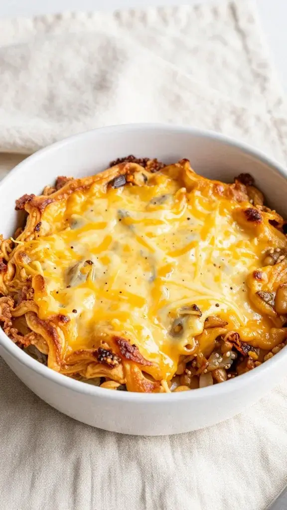 Beautifully plated Mild Mexican Breakfast Casserole for Kids in a white shallow bowl against a cream linen backdrop, golden crust, melted cheese glistening, bright natural light