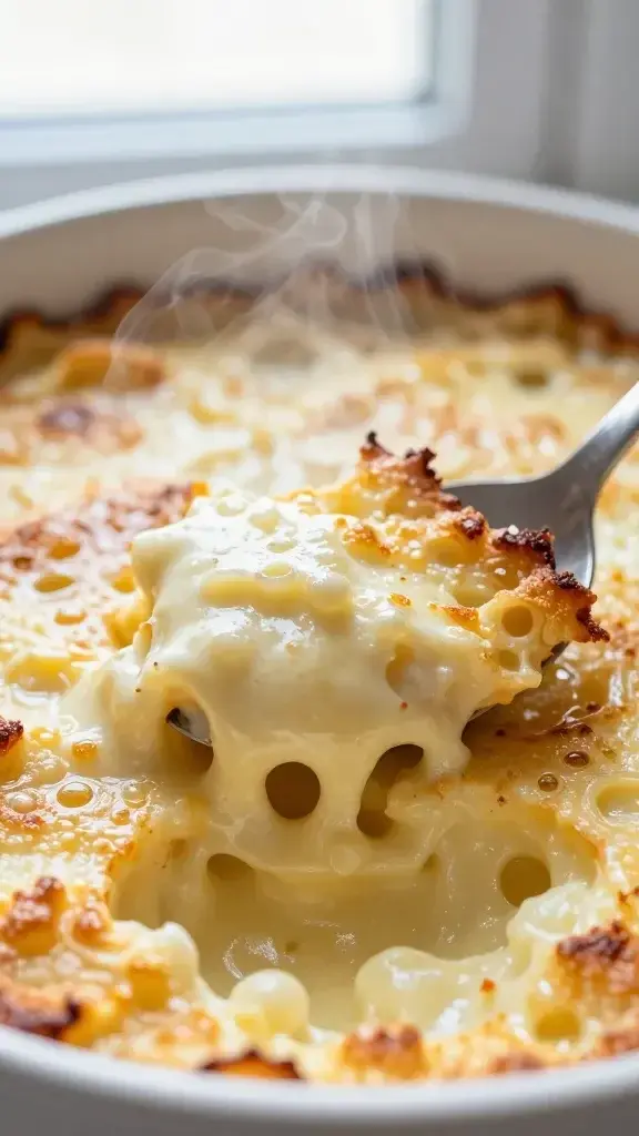 Close-up detail of bubbly casserole with crispy edges and creamy interior, steam rising, spoon resting to show texture, soft window light