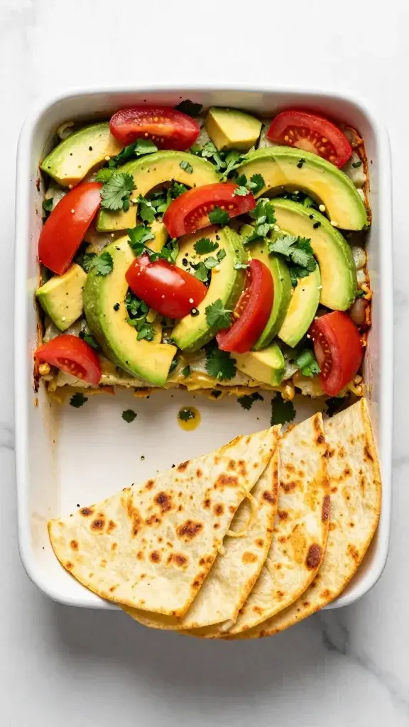 Overhead top-down shot of a slice-cut casserole serving on a marble surface, vibrant toppings of avocado, tomato, cilantro, and warm tortillas on the side