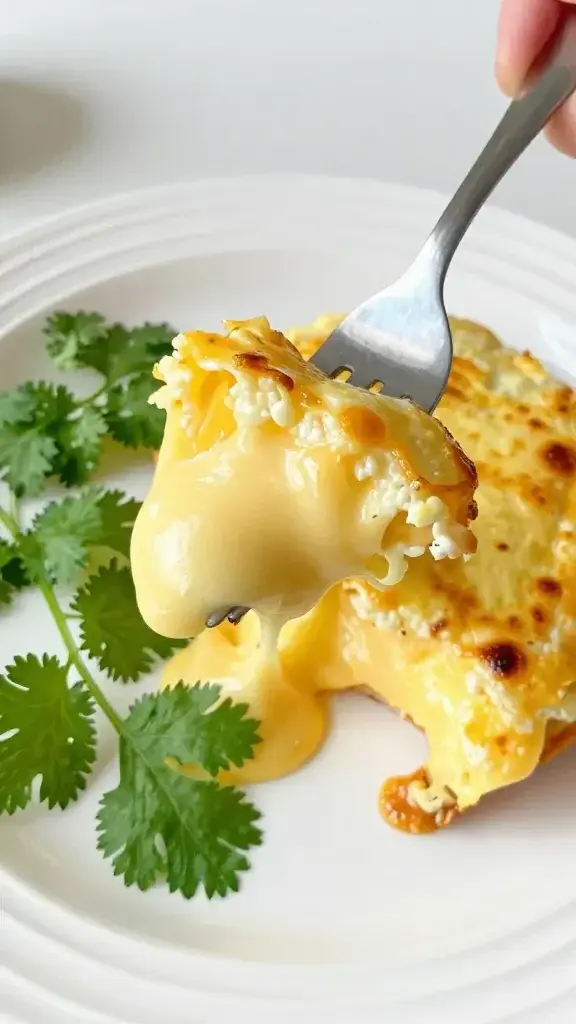 Serving moment: handheld fork lifting a portion with gooey melted cheese and fluffy egg, plate garnished with fresh cilantro, clean white plate, daylight glow
