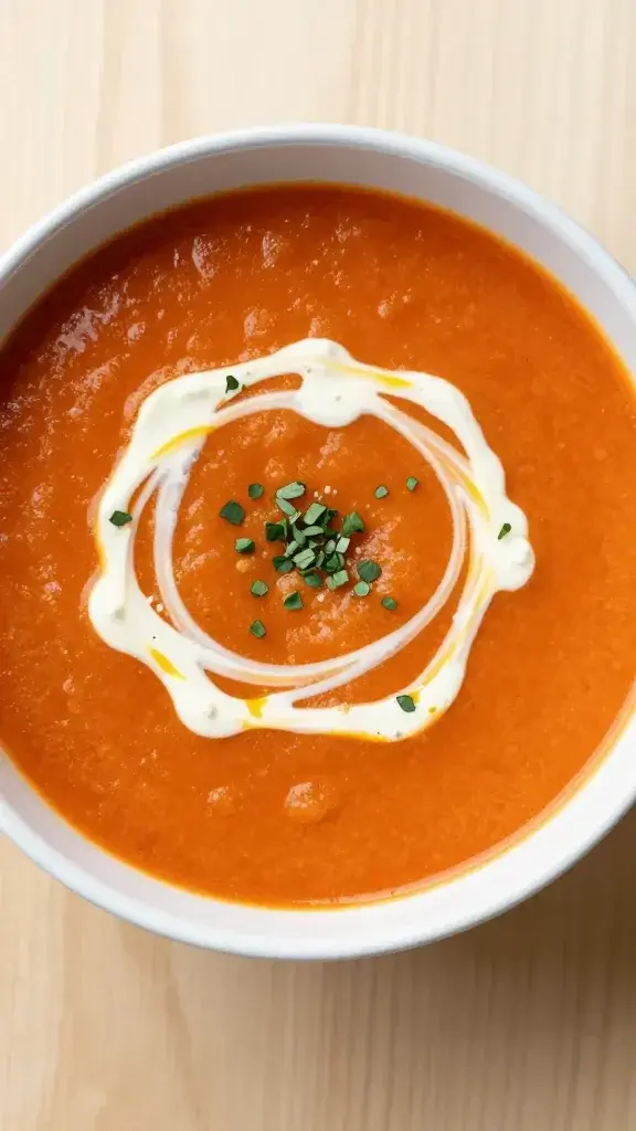 Overhead shot of a warm bowls of Easy Summer Roasted Tomato Soup for Kids, vibrant orange-red soup with a swirl of cream, tiny herb garnish, clean ceramic bowl on a light wood surface, natural bright light