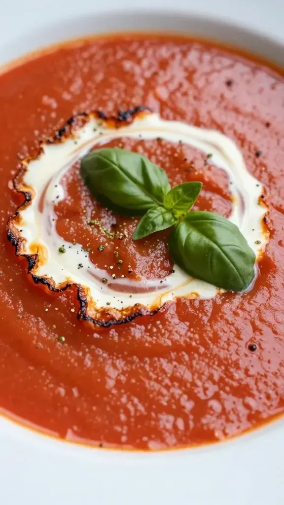 Close-up detail of roasted tomato soup surface showing caramelized edges, a drizzle of cream forming a crescent, and a sprinkle of fresh basil, shallow depth of field, soft window light
