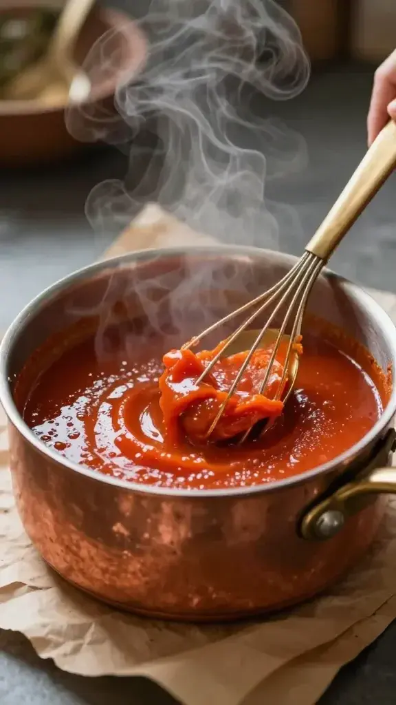 Cooking process shot: spoon whisking roasted tomato soup in a small copper pot, steam rising, glistening surface, warm kitchen light, rustic parchment beneath