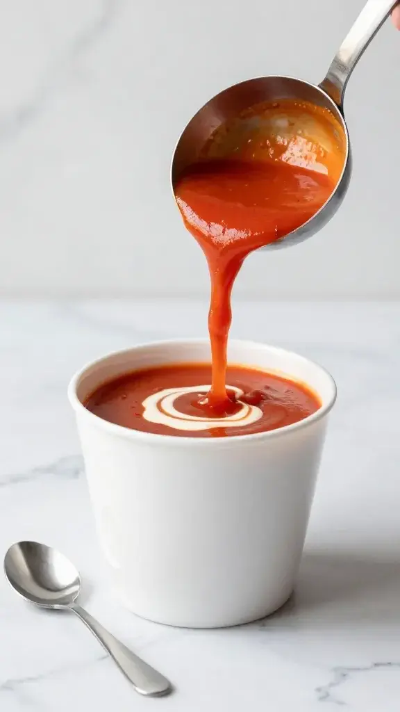 Serving moment: pouring a ladle of roasted tomato soup into a kid-approved cup with a drizzle of cream, tiny spoon nearby, clean marble backdrop, inviting texture emphasis