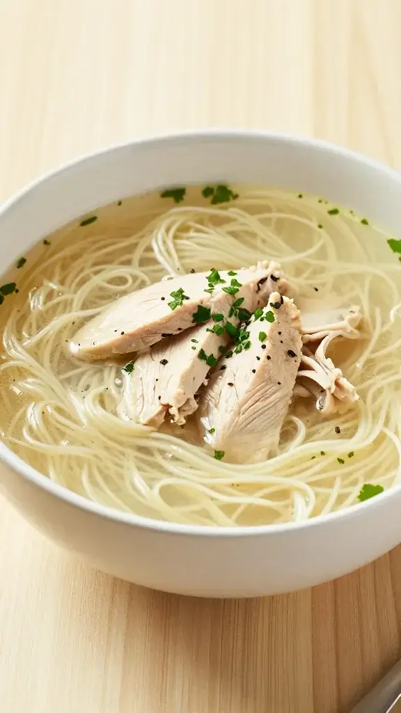 Beautifully plated Easy Summer Chicken Noodle Soup in a white ceramic bowl, bright broth, tender chicken, noodles, and fresh herbs, light wood background, natural sunlight, restaurant-quality presentation